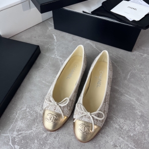 Chanel-style tweed flats with gold toe