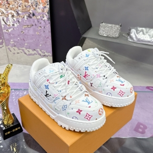 Louis Vuitton x Takashi Murakami collaboration LV Trainer sneakers, white multicolor Monogram version.