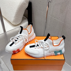 Hermes New Style Leather and Mesh Lace-up White Sneakers for Couples