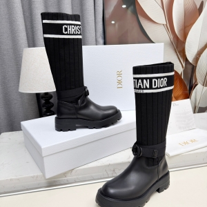 Dior Knit Logo Black & White Lettering Knee-High Boots