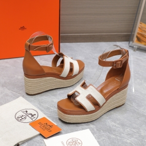 Hermes H-shaped buckle wedge espadrille sandals