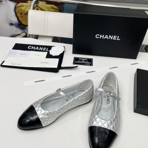 Chanel-style silver and black quilted Mary Jane flats