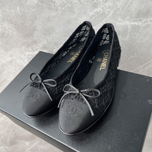 Chanel-style black lace bow flats