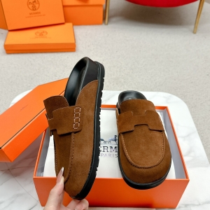 Hermès couple's Birkenstocks, vintage slippers, teddy bear slippers, and H-shaped slippers.
