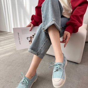 Chanel-style light blue color-blocked suede casual shoes
